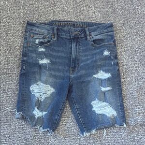 American Eagle Outfitters Men's Distressed Mid-Blue Denim Shorts
